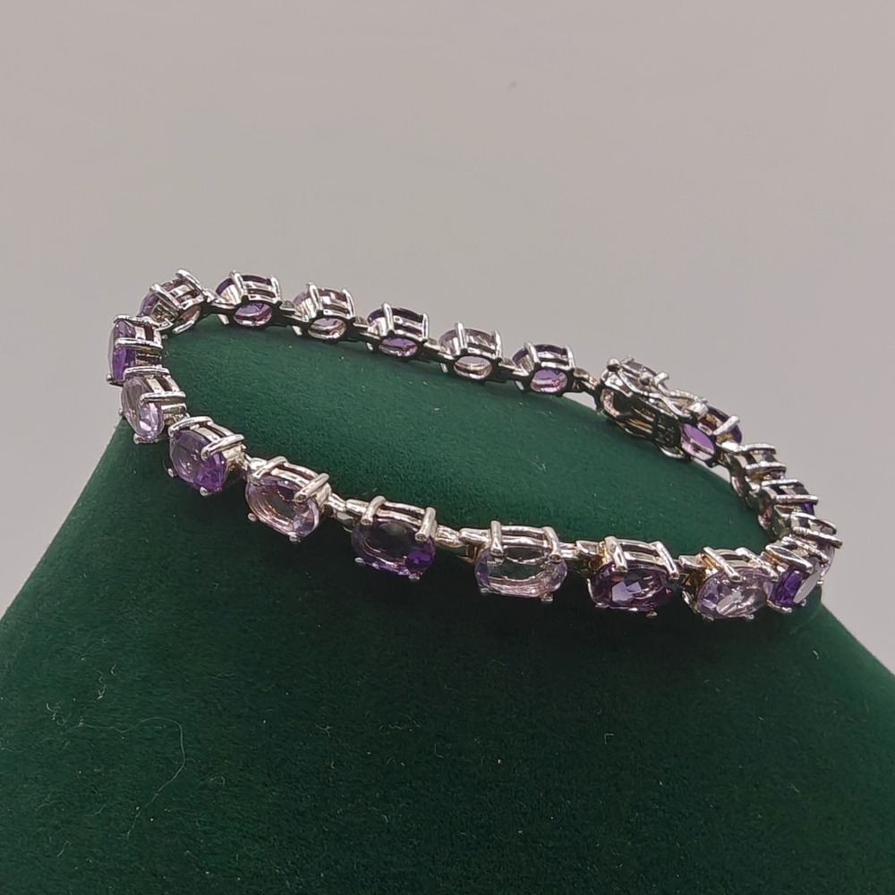 Signed CN 925 Sterling Silver Two Tone Amethyst Tennis Bracelet 7 Inch Purple